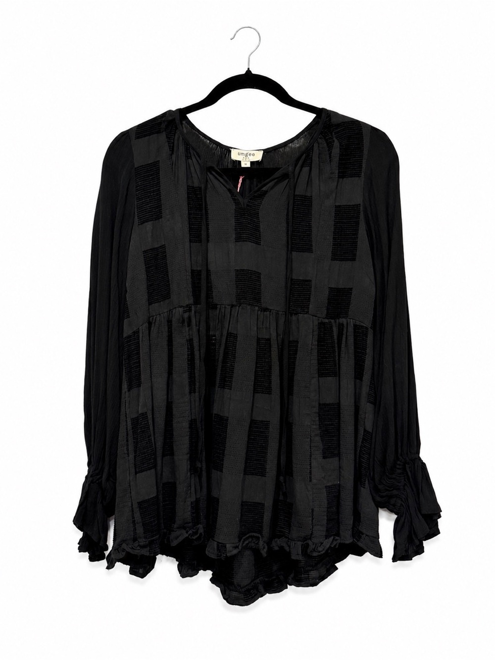 Umgee NWT Black Boho Tunic Blouse Textured Babydoll Flowy M